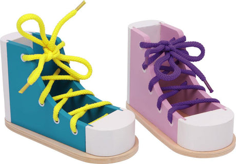 Holzfädelschuh zum Schleifenbinden für Kinder zur Förderung von Feinmotorik und Konzentration