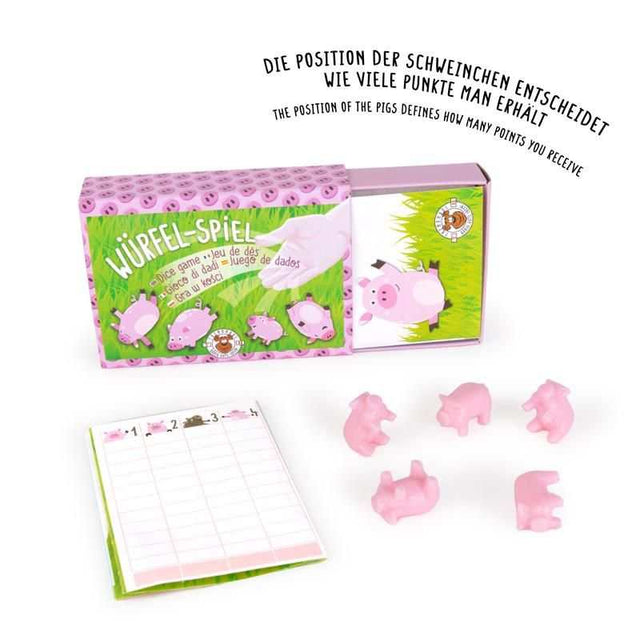 Schweinchen Würfelspiel mit kleinen Schweinchen und Würfeln in umweltfreundlicher Verpackung für Familien und Partys