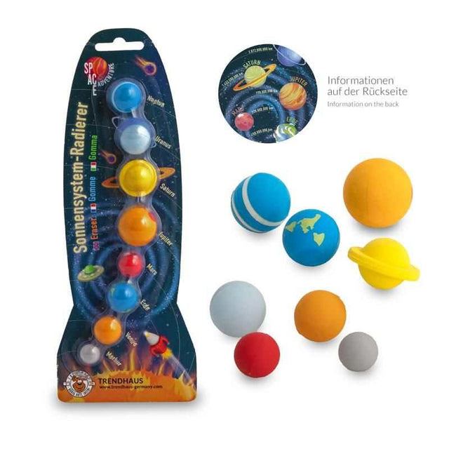 Set aus 8 Sonnensystem-Radierern mit Planetenmotiv und Lernkarte zur planetarischen Entfernung