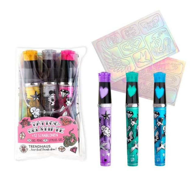 Tattoo Studio Gelstifte glitzernde Gelstifte Set mit 12 Schablonen und Aufbewahrungshülle für temporäre Tattoos auf Haut und Papier