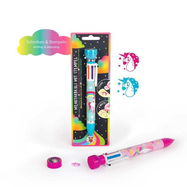 Mehrfarbkuli 6-farbig mit Einhorn-Stempel in Blau und Pink, 6 Farben Schreibstift