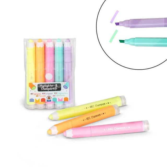 ABC CHAMPIONS Highlighter- & Stempelstift Set mit integrierten Stempeln und praktischem Etui für Schulalltag