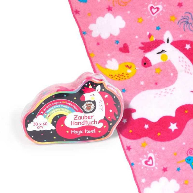 Magic Towel Einhorn mit beeindruckendem Einhorn-Motiv aus 100% Baumwolle, entfaltet sich im Wasser auf 30x60 cm