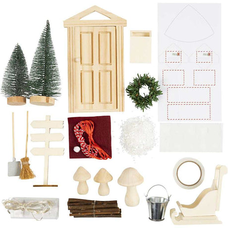 Wichteltür Set mit Tür, Briefkasten, Schlitten und Weihnachtsdekoration für kreative Miniatur-Wichtelwelt