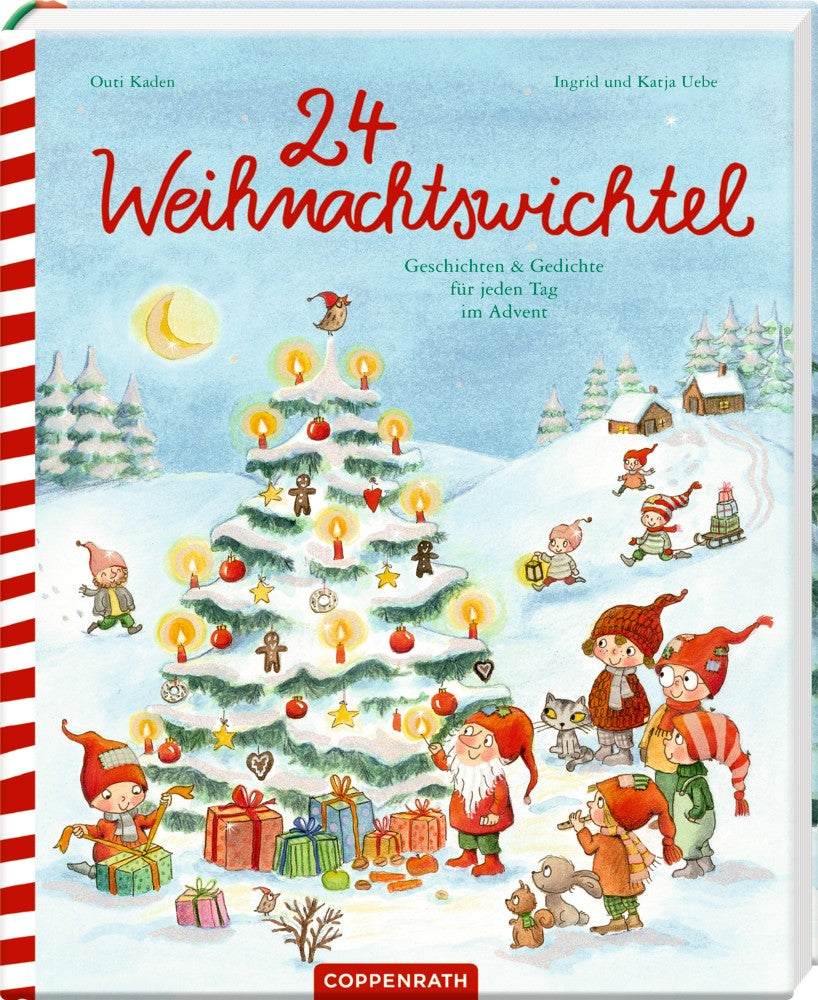 Cover of 24 Weihnachtswichtel Geschichten book featuring festive elves and Christmas gifts for Advent season