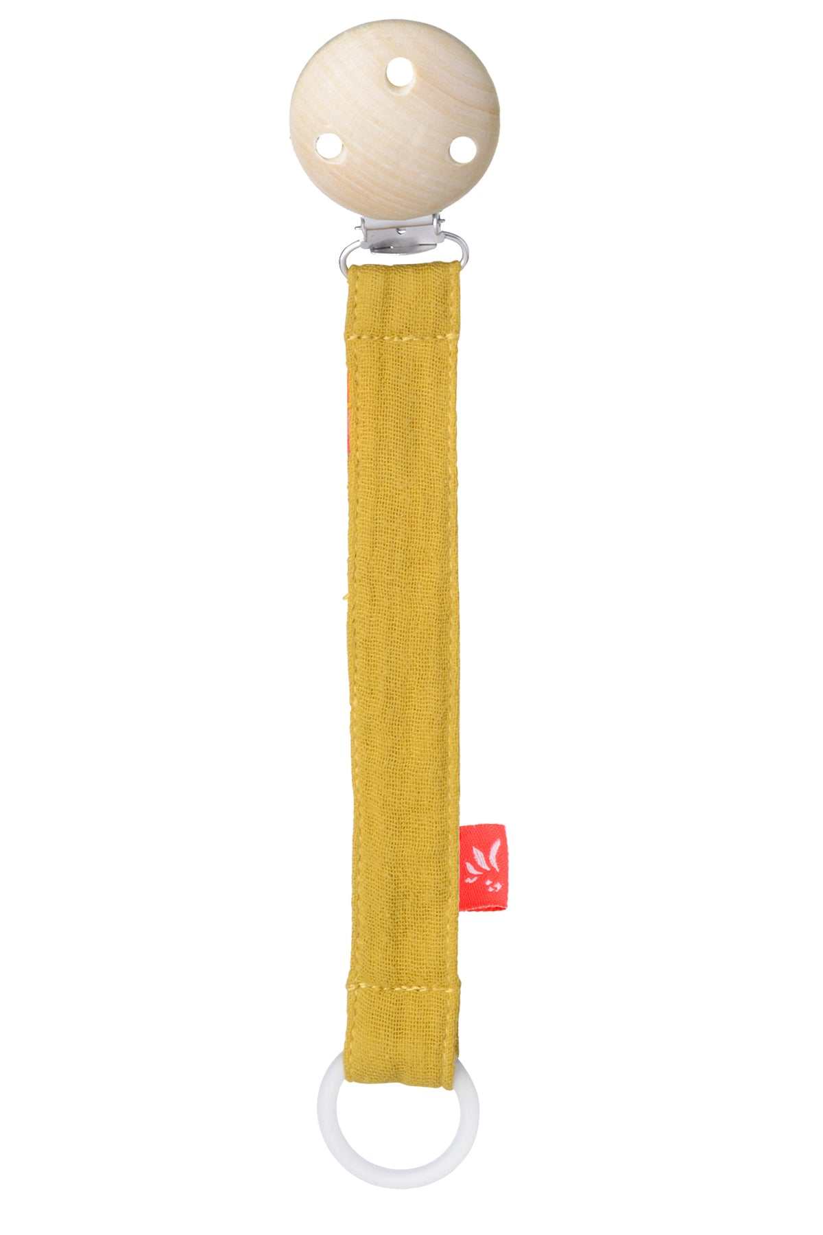 Schnullerkette Musselin Mustard aus Holz und Baumwolle mit Clip zur Sicherung des Schnullers