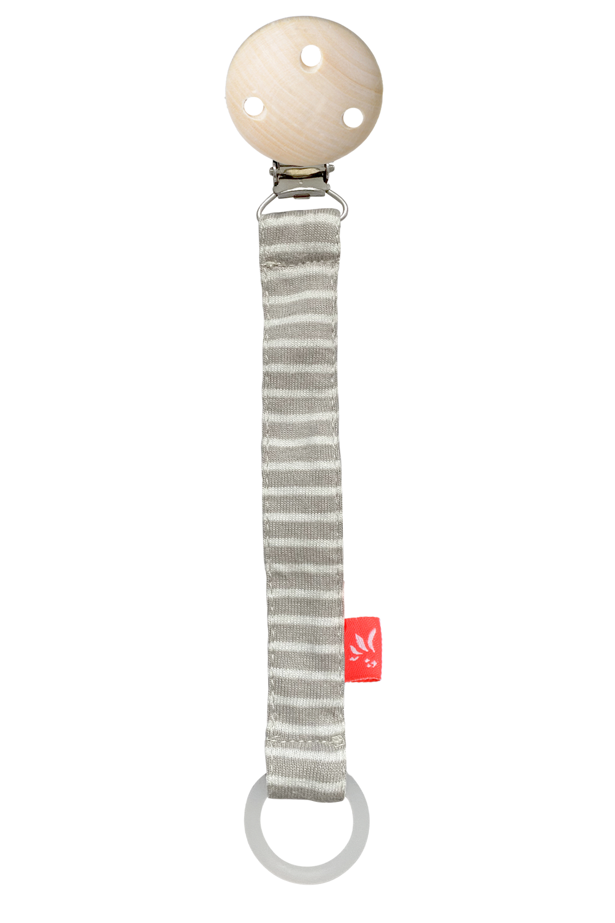 Schnullerkette Streifen Grau aus Holz und Baumwolle, 17 cm lang, sicher und praktisch für Babys
