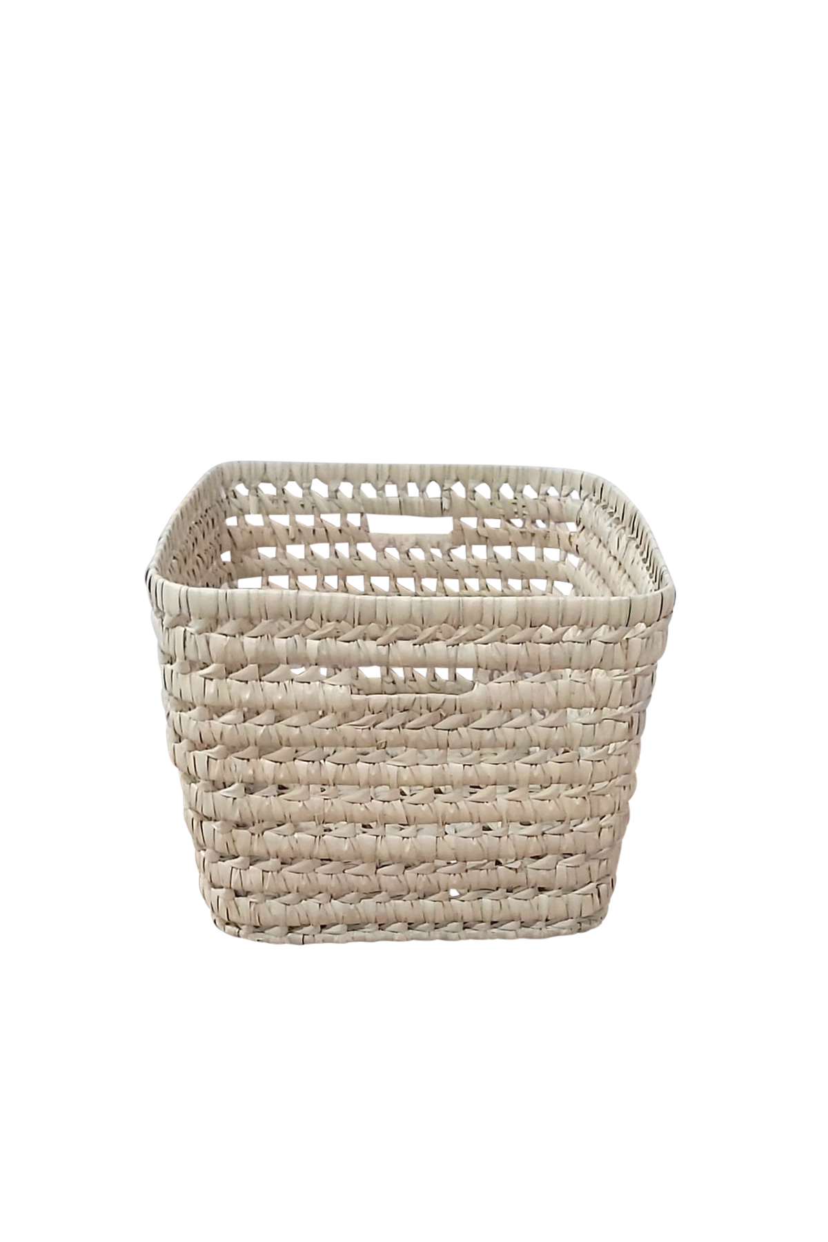 Handgefertigter quadratischer Aufbewahrungskorb aus Palmblättern mit marokkanischem Design, 34x27x19 cm