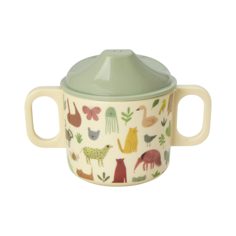 Babytrinkbecher mit Handgriff aus Melamin mit süßem Dschungel-Design und grünem Deckel