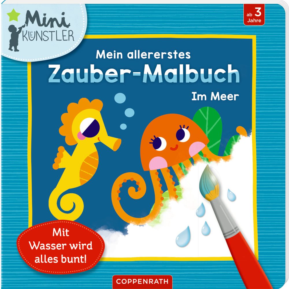 Mein allererstes Zauber-Malbuch Im Meer zeigt bunte Unterwasser-Kunstwerke, die mit nassen Fingern sichtbar werden, wiederverwendbar auf stabilen Pappseiten.
