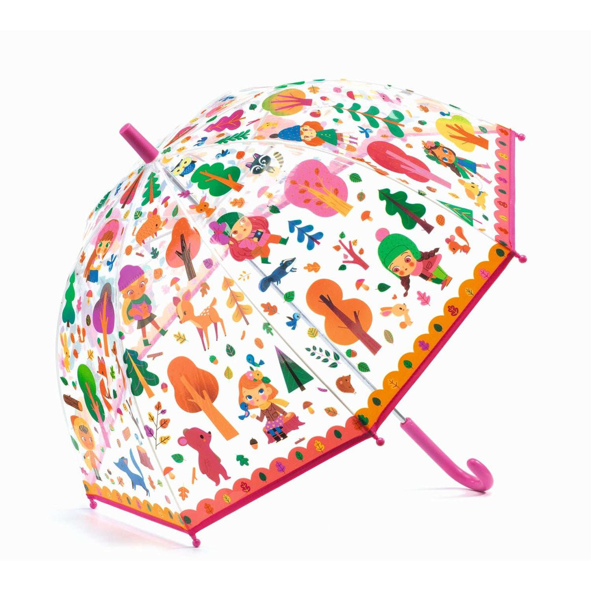 Transparenter Regenschirm Wald mit Waldmotiven und flexiblem Glasfasergestell für Kinder