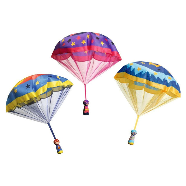 Fallschirmspringer Flying Heroes aus Holz in Blau, Rot und Gelb zum Werfen und Schweben