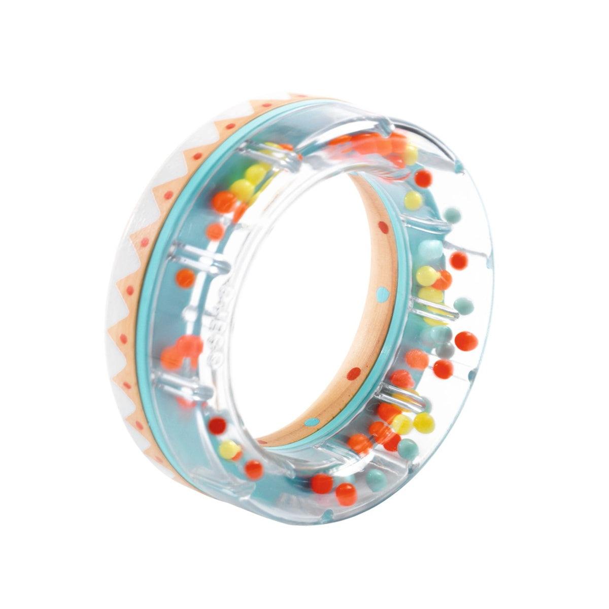 Baby White Baby Ring aus nachhaltigem Hevea-Holz mit bunten Perlen und transparentem Regenring, geeignet ab 3 Monaten