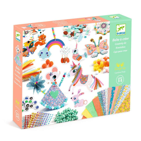 Kreativbox Djeco mit Perlen, Pompons, beweglichen Augen und Bastelmaterial für Kinder