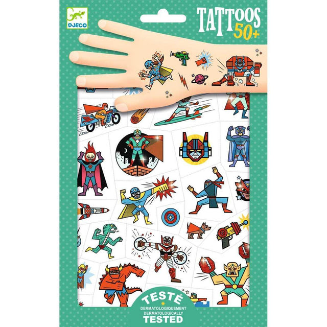 Zwei Bögen metallic temporäre Djeco Tattoos mit Superheldenmotiven, vorgeprägt und dermatologisch getestet