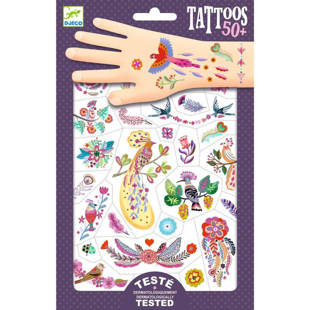 Zwei Bögen mit temporären Klebetattoos von Paradiesvögeln mit metallischem Effekt von Djeco