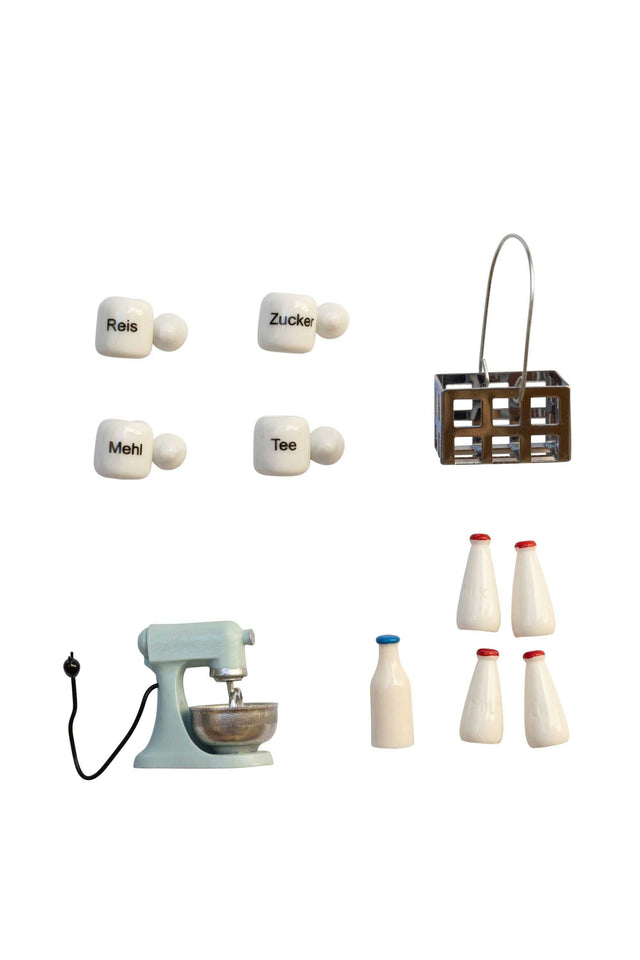 Wichtel Küchenaccessoires Set mit Porzellan-Dosen, Küchenmaschine und Milch-Körbchen für Weihnachtsplätzchen backen