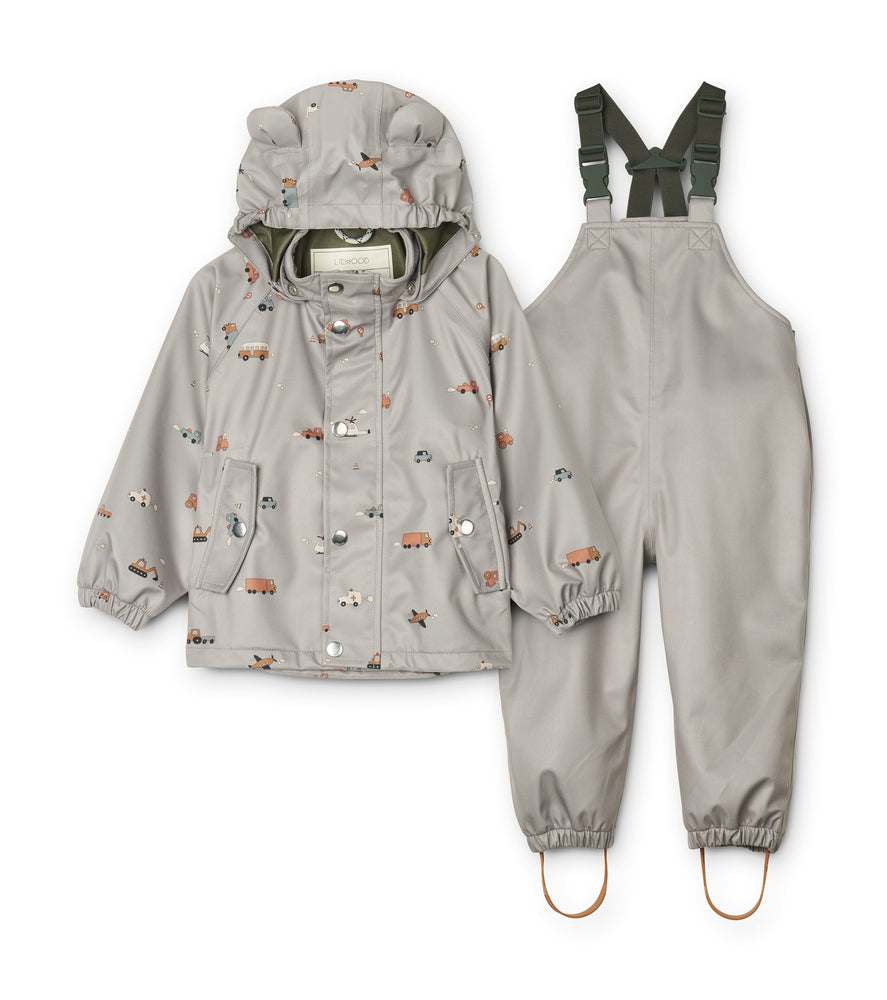 Regenanzug Dakota Softshell in Dove Blue, wasserdicht und atmungsaktiv, mit abnehmbarer Kapuze und verstellbaren Hosenträgern