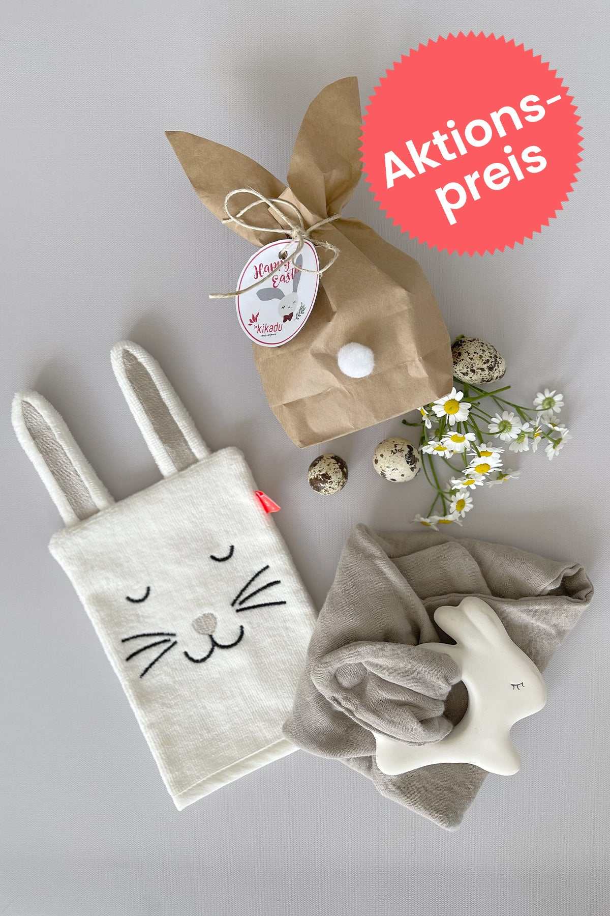 Osterhäschen-Set mit Bio-Waschlappen und Natur-Kautschuk Beißring für Babys
