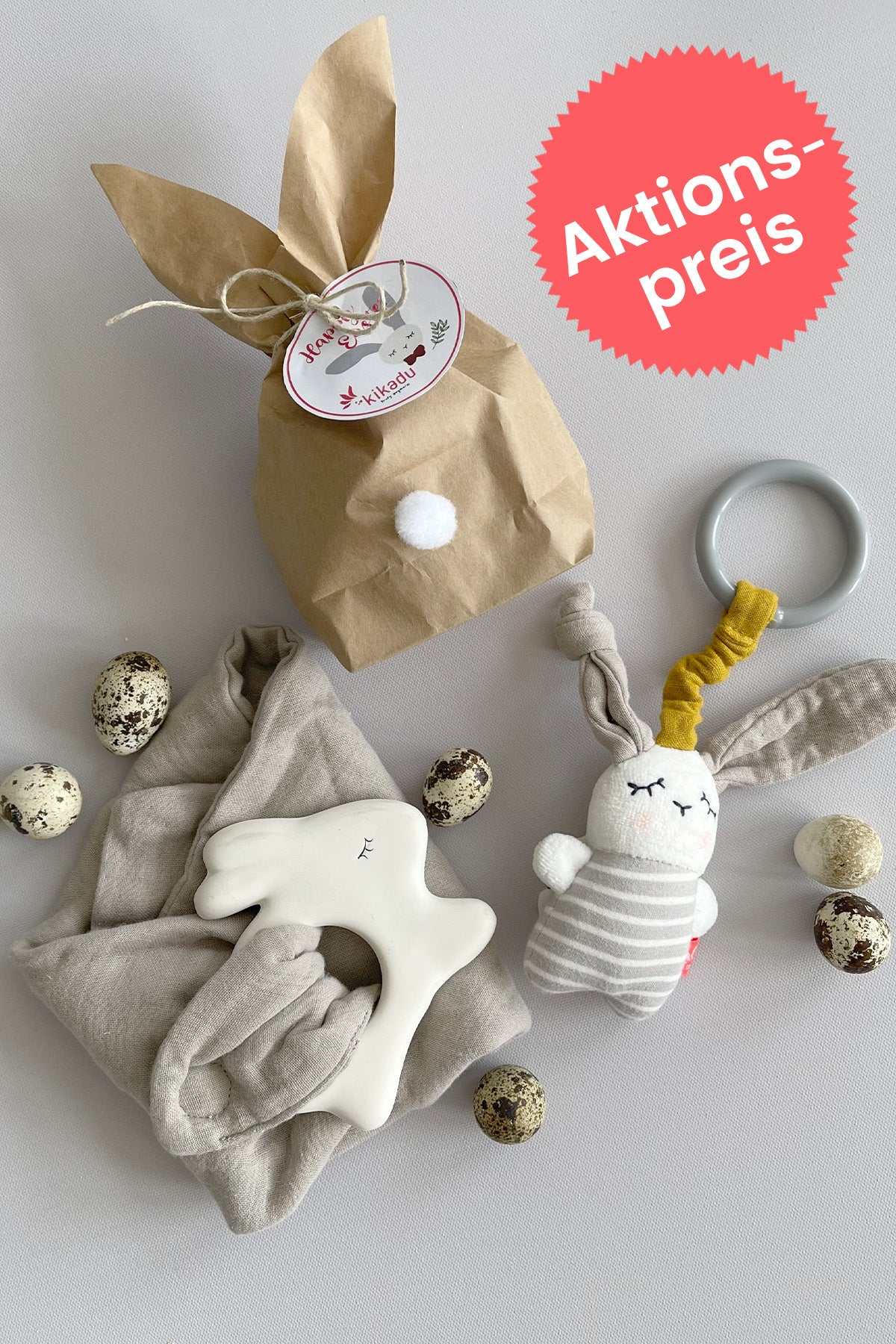 Osterhäschen-Set mit Natur-Kautschuk Beißring und Minimobile im Hasen-Design