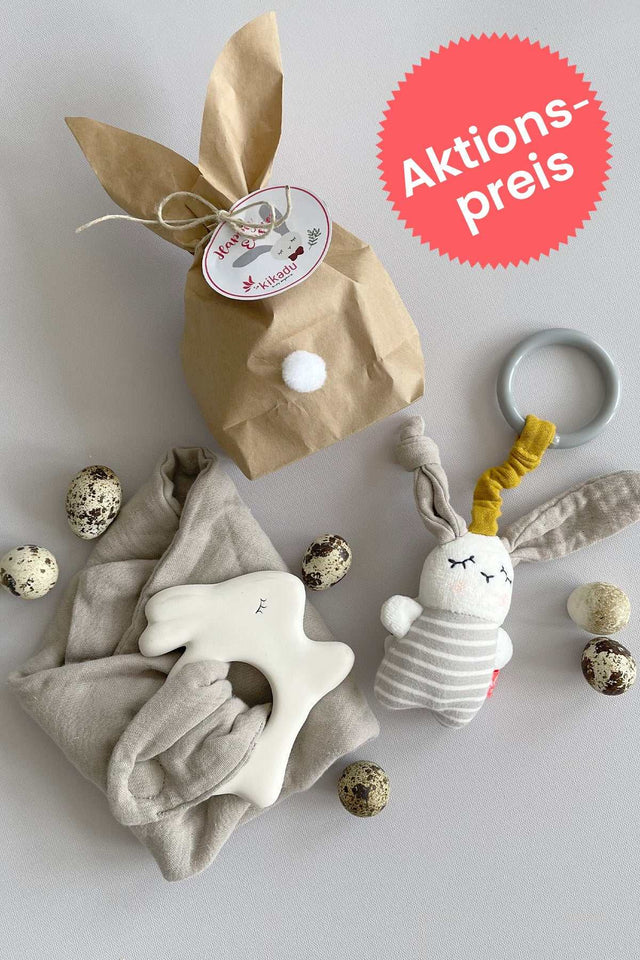 Osterhäschen-Set mit Natur-Kautschuk Beißring und Minimobile im Hasen-Design