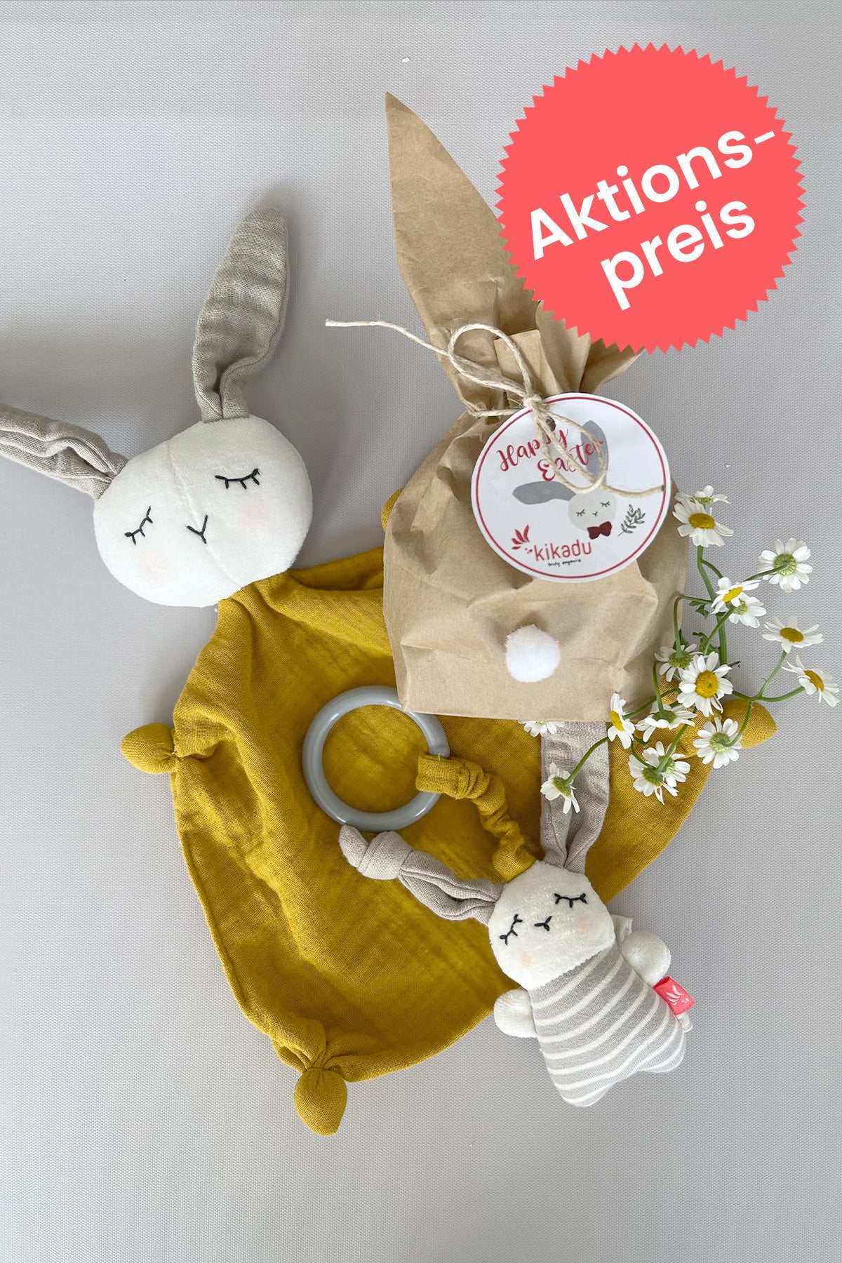 Osterhäschen-Set mit Schmusetuch und pfeifendem Minimobil für Babys