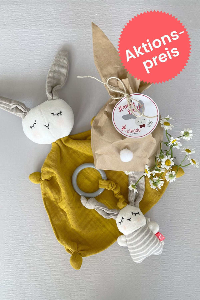 Osterhäschen-Set mit Schmusetuch und pfeifendem Minimobil für Babys