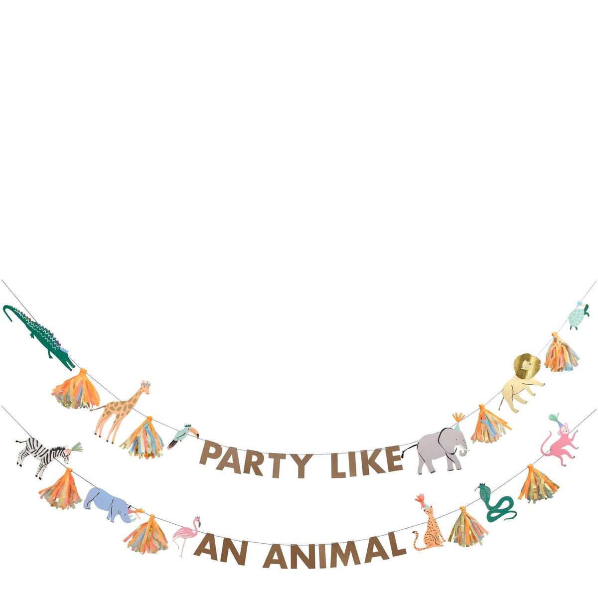 Handgefertigte Girlande Safari Tiere aus Papier mit Neon- und Goldfolie, 3,8 m lang, mit Safari-Design und bunten Quasten