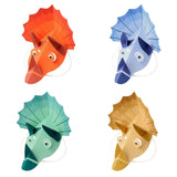 Bunte Partyhüte Dino im Dinosaurier-Motto, 4 Stück, Farben Blau, Grün, Ocker, Rostrot