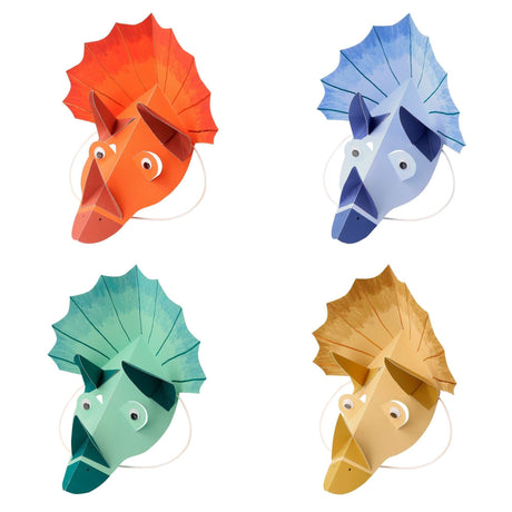 Bunte Partyhüte Dino im Dinosaurier-Motto, 4 Stück, Farben Blau, Grün, Ocker, Rostrot