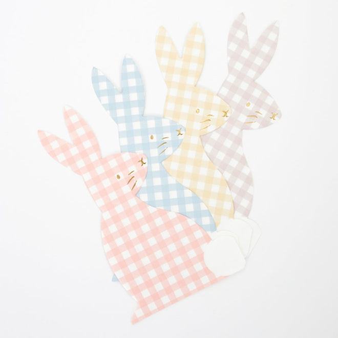 Gingham Häschen Servietten mit Goldfolien-Hasengesichtern in 4 Frühlingsfarben für Ostertisch