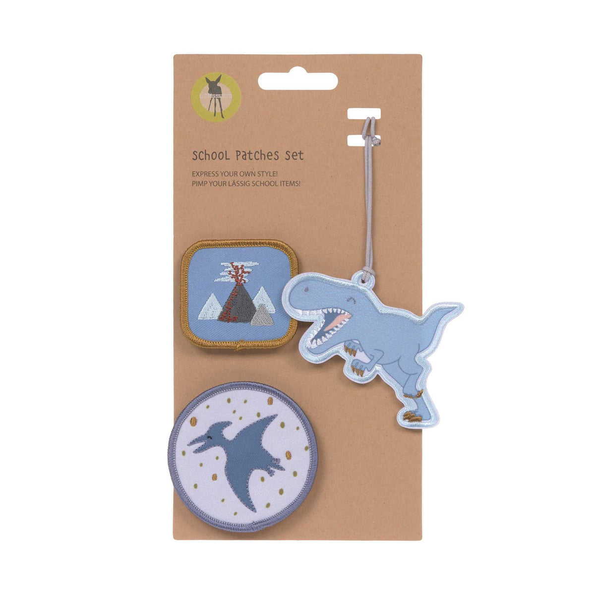 Lässig Dinosaurier School Patches Set mit Anhänger und zwei abnehmbaren Patches aus Polyester für Schulranzen und Mäppchen