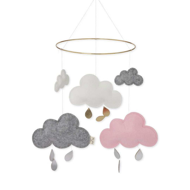 Handgefertigtes pinkberry Wolken Mobile mit Wolken, Sternen und goldenen Details, ideal zur Dekoration über Wickeltisch oder Bett