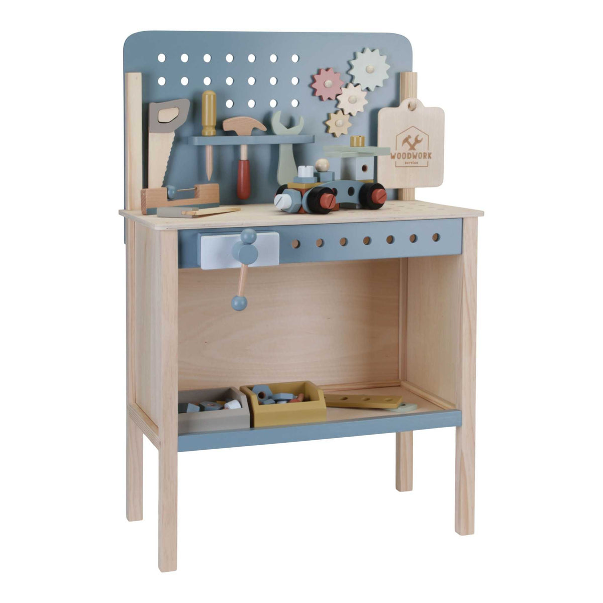 Werkbank von Little Dutch aus Holz mit Kinderwerkzeug und buntem Zubehör für kreatives Spielen ab 3 Jahren