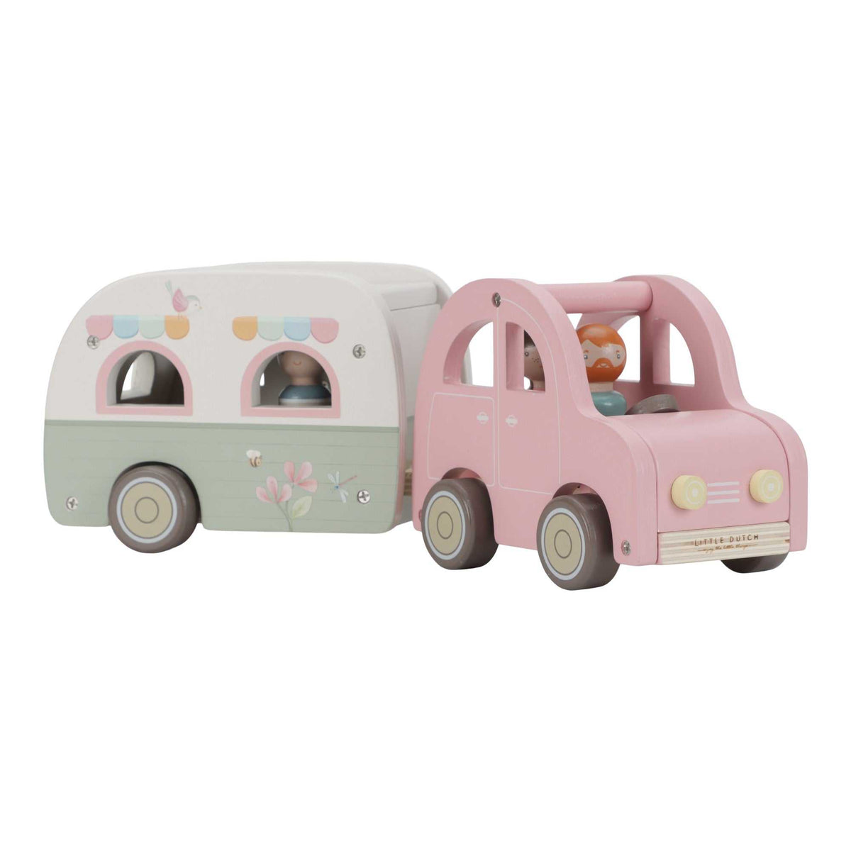 Spielzeugauto mit Wohnwagen von Little Dutch in Pink mit offenen Türen und Holzfiguren
