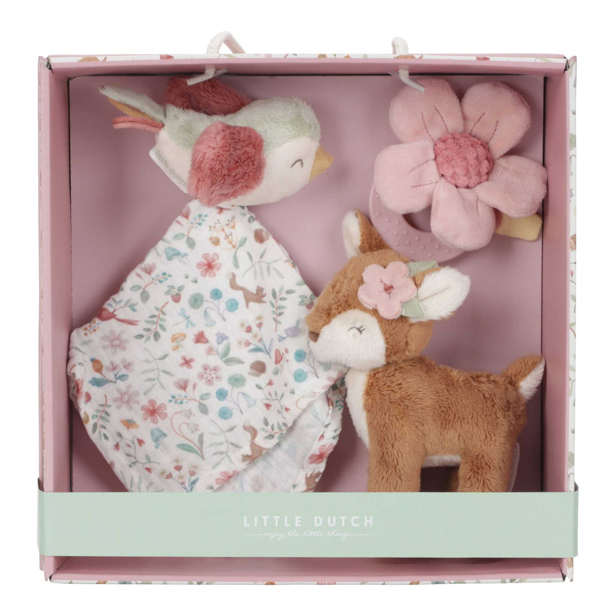 Geschenk-Set Fairy Garden mit Plüschtieren, Musselin-Schmusetuch und Beißring in pinker Geschenkbox für Babys
