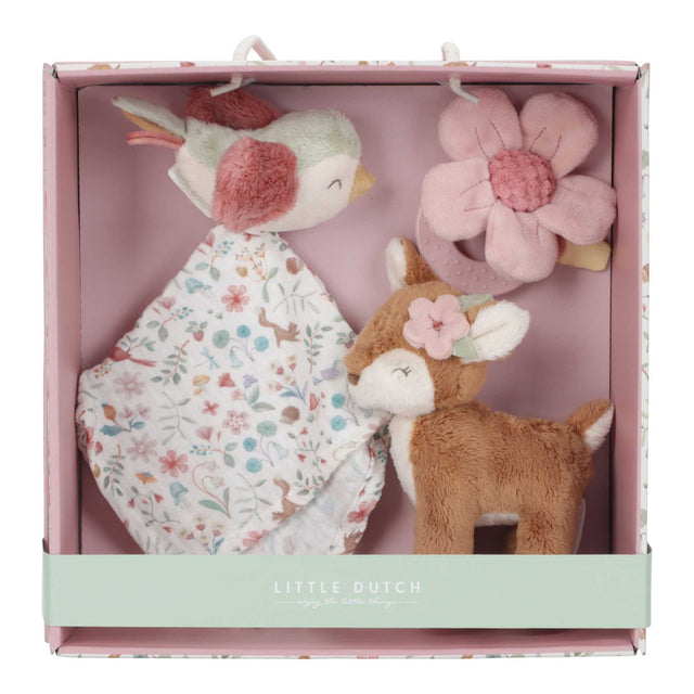 Geschenk-Set Fairy Garden mit Plüschtieren, Musselin-Schmusetuch und Beißring in pinker Geschenkbox für Babys