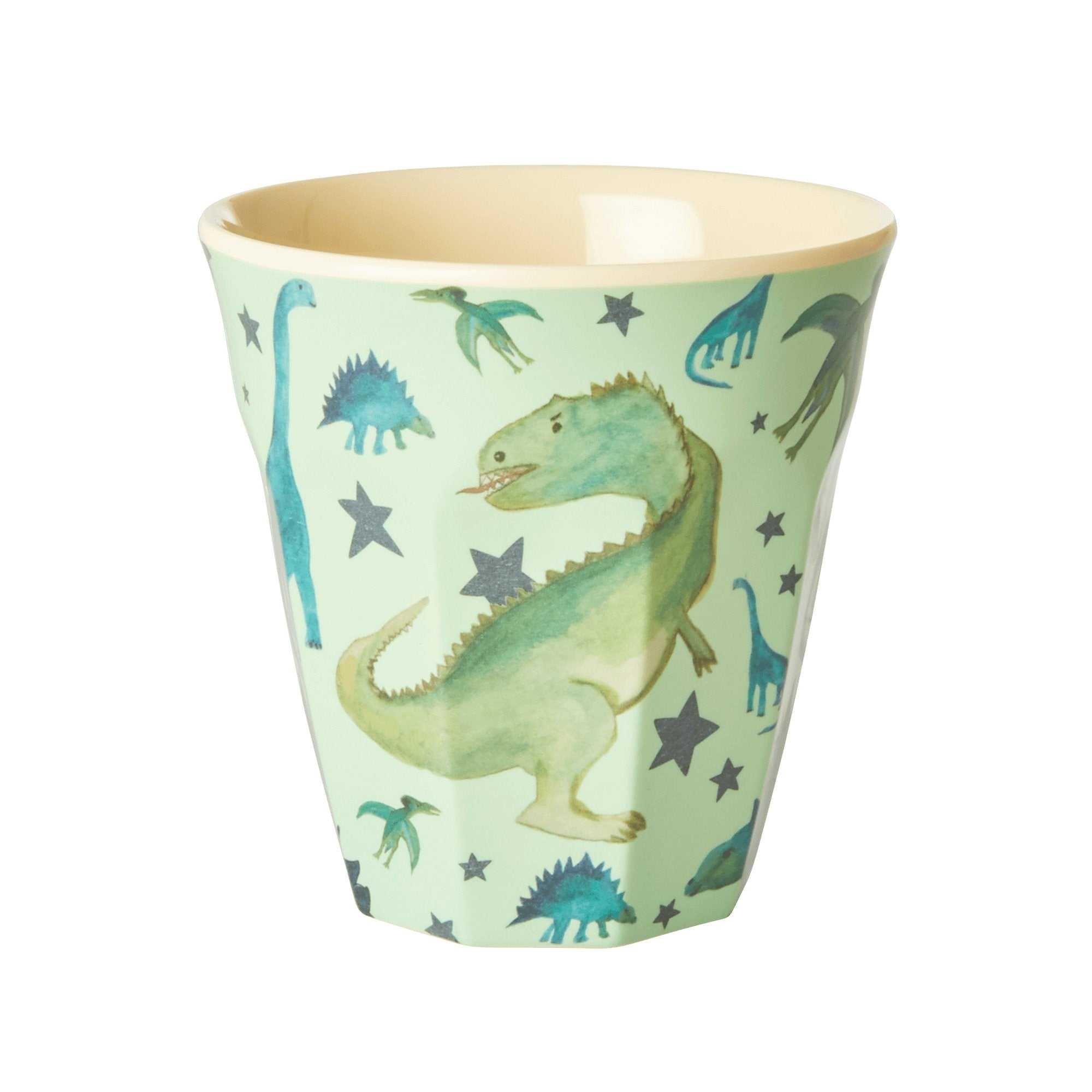 Becher Dino Melamin mit Dino-Print, spülmaschinenfest, 9 cm hoch, ideal für Kindergarten und Camping