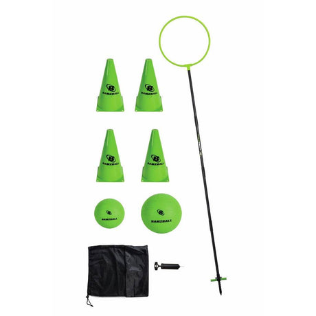 Mannschaftsspiel Bamzball mit Ring, Bällen und Kegeln für 4-10 Spieler im Garten oder Park