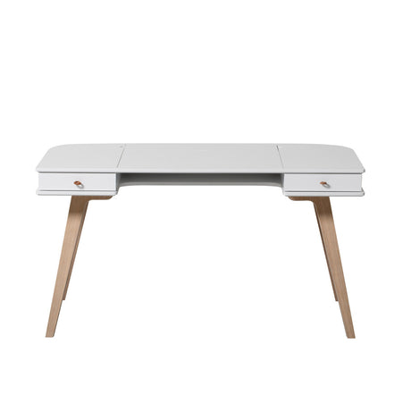 Weißer Wood Schreibtisch 66 cm mit Eichenholz, höhenverstellbar, zwei Schubladen und klappbarem Zeichenbrett, ideal für Kinder- und Jugendzimmer