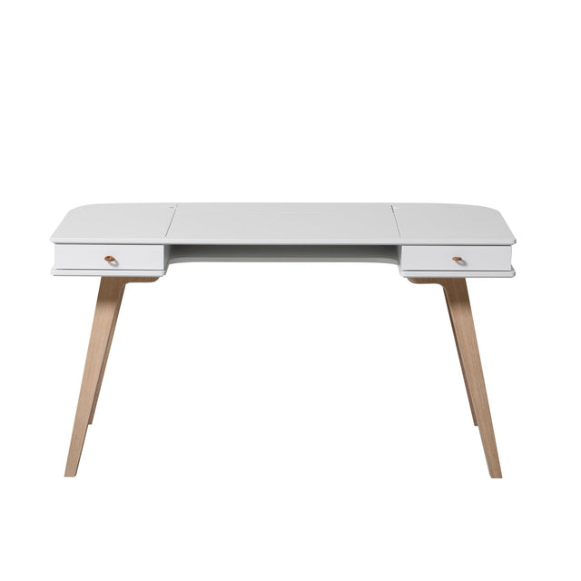 Weißer Wood Schreibtisch 66 cm mit Eichenholz, höhenverstellbar, zwei Schubladen und klappbarem Zeichenbrett, ideal für Kinder- und Jugendzimmer