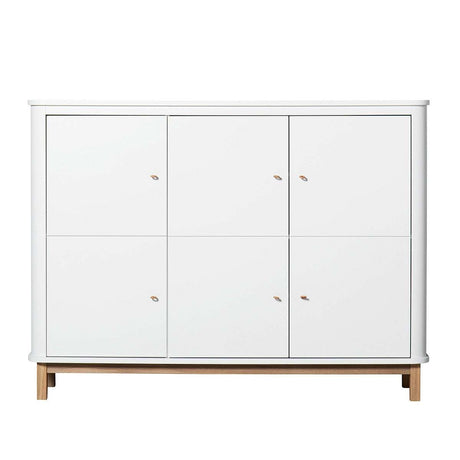 Wood Multi Schrank weiß und Eiche mit drei Türen und Ledergriffen, multifunktionaler Kinderzimmerschrank von Oliver Furniture