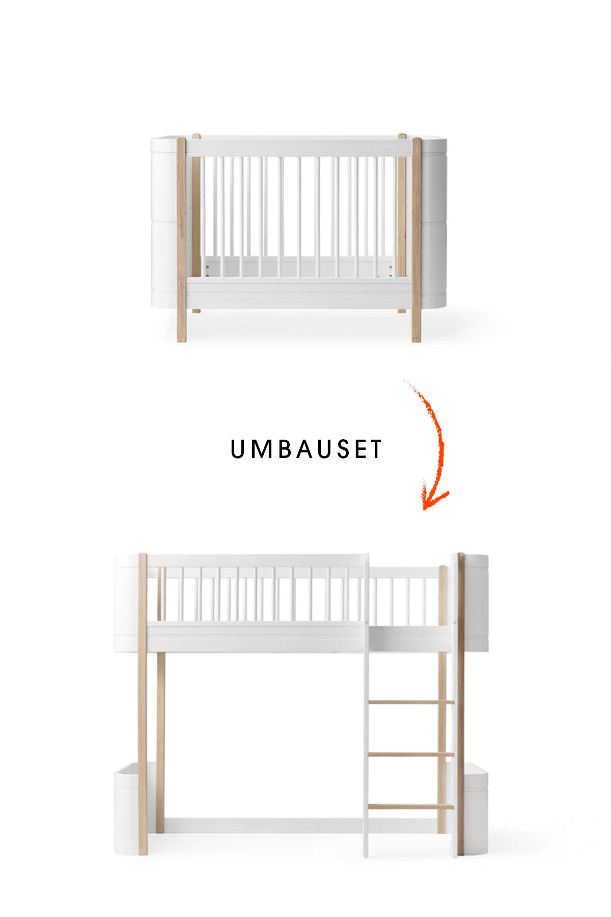 Wood Umbau-Set für Mini+ Babybett und halbhohes Hochbett in weiß und Eiche