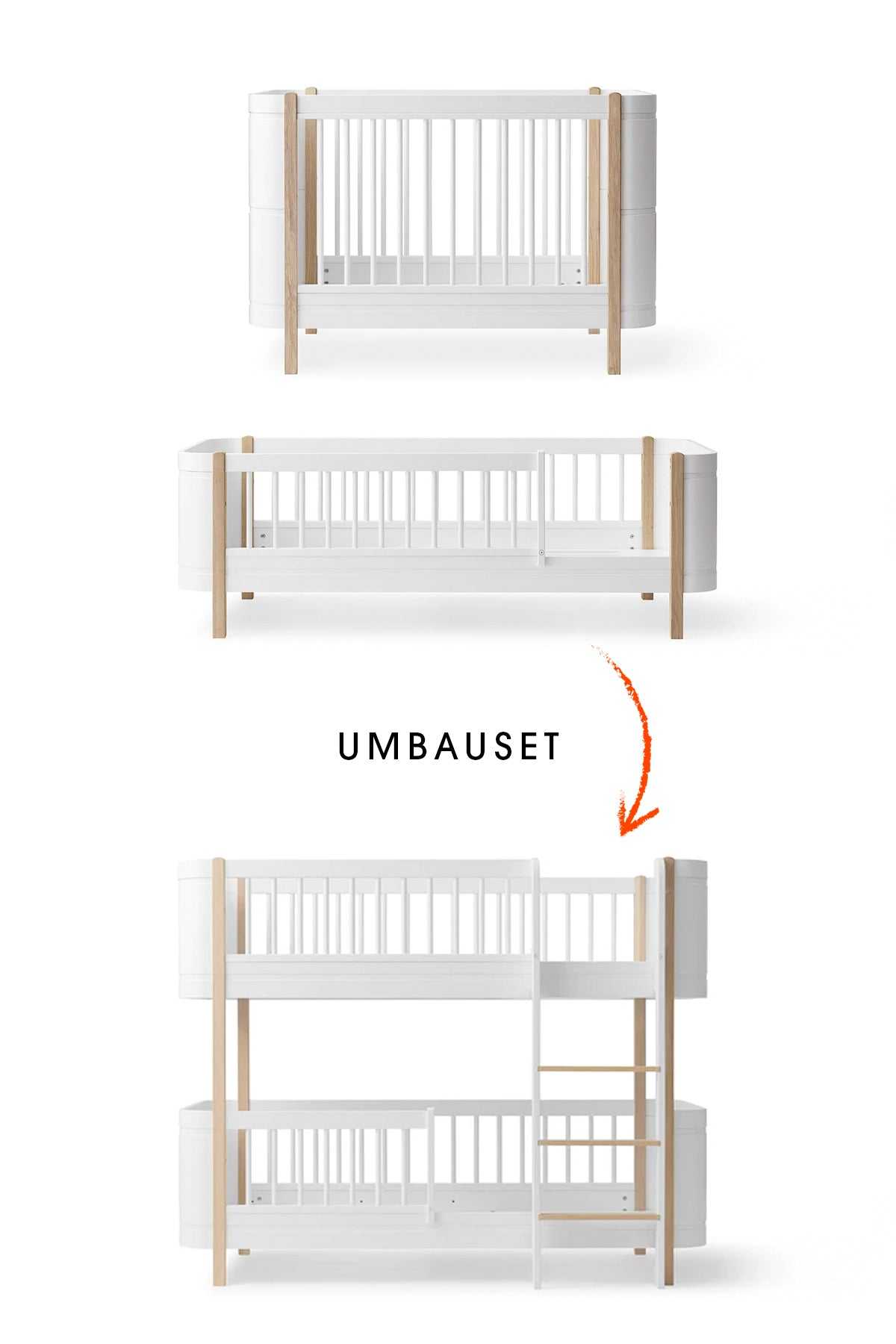 Wood Umbau-Set von Mini+ Babybett & Mini+ Juniorbett zum halbhohen Etagenbett weiß/ eiche