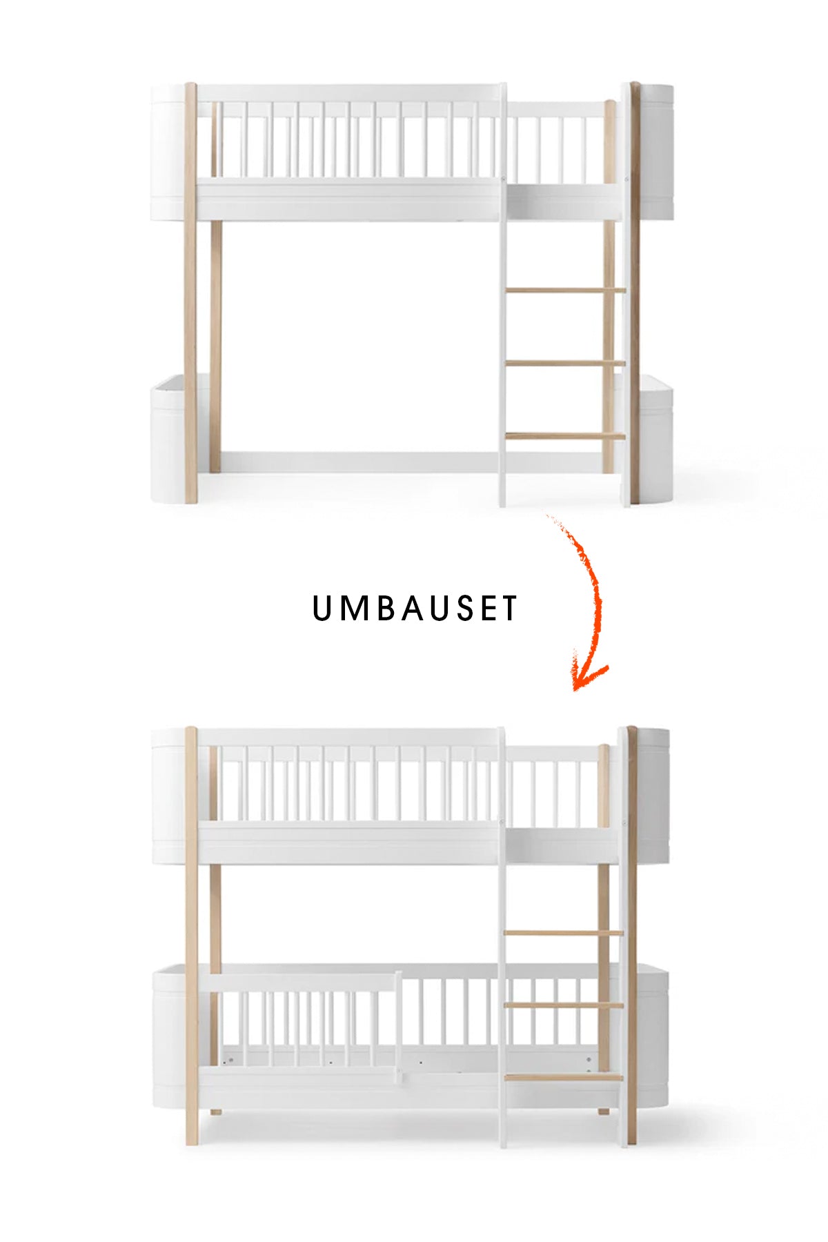 Wood Umbau-Set transforming Mini+ halbhohes Hochbett to halbhohes Etagenbett white oak