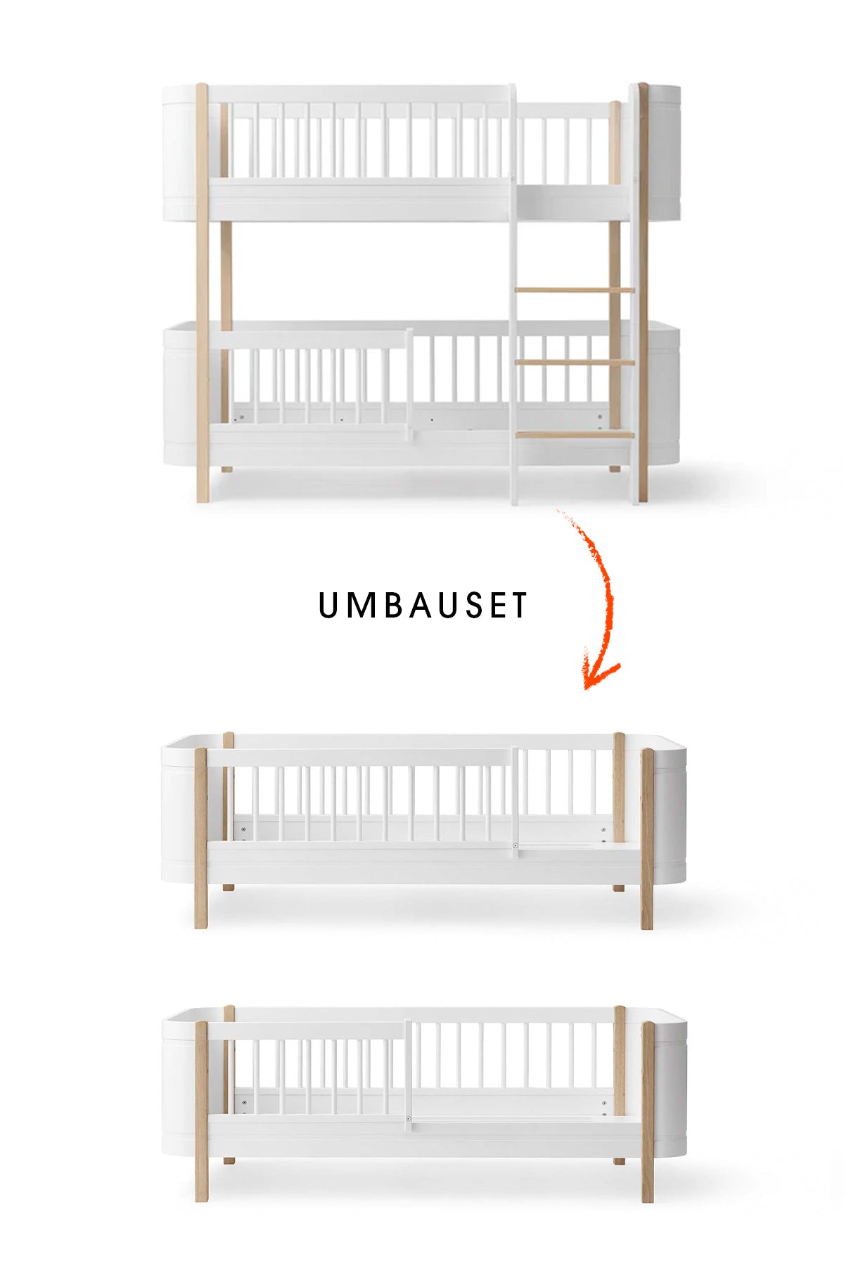 Wood Umbau-Set für halbhohes Etagenbett zu zwei weißen Juniorbetten aus Eiche