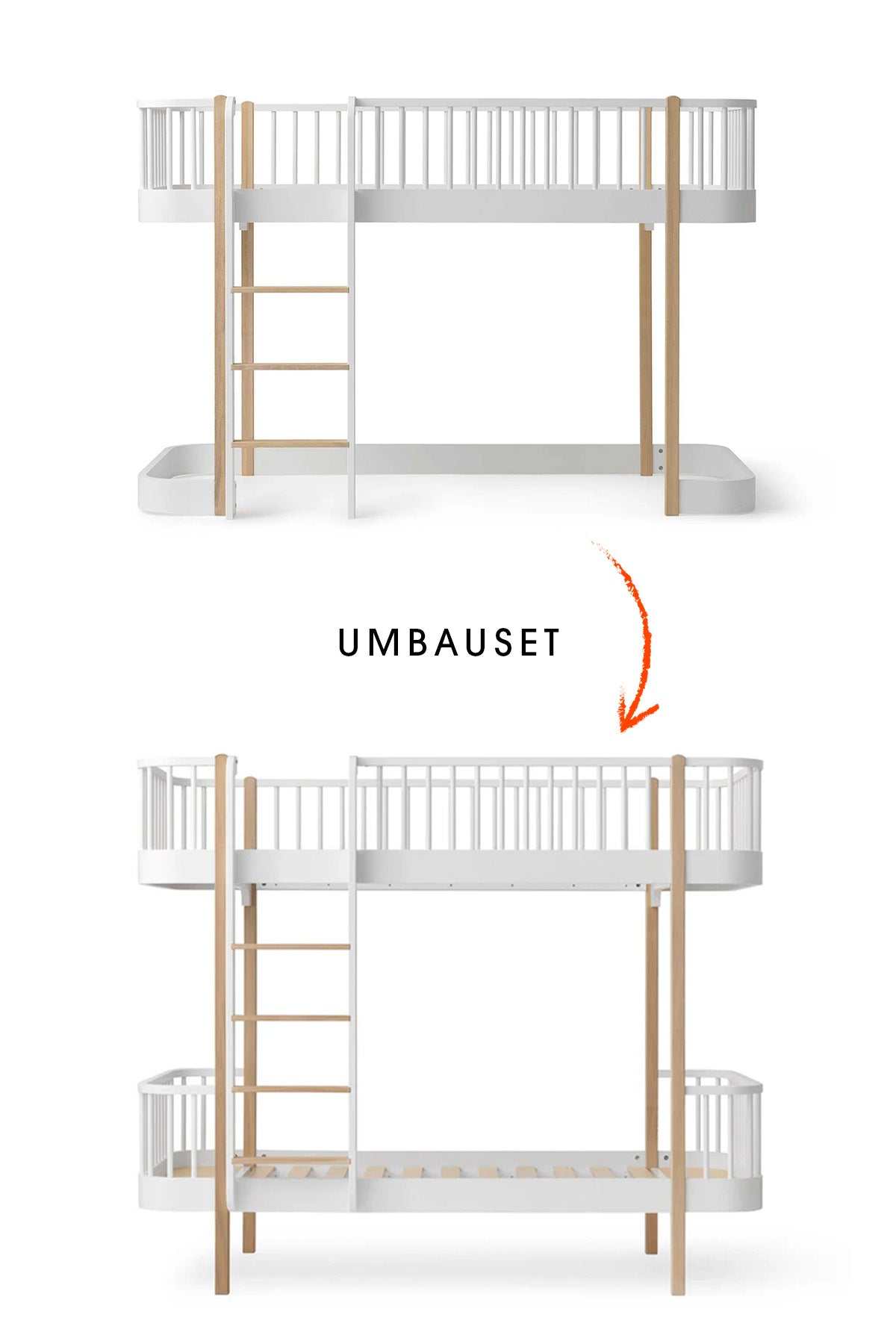 Wood Umbau-Set vom Original halbhohen Hochbett 128/138cm zum Etagenbett , weiß/eiche