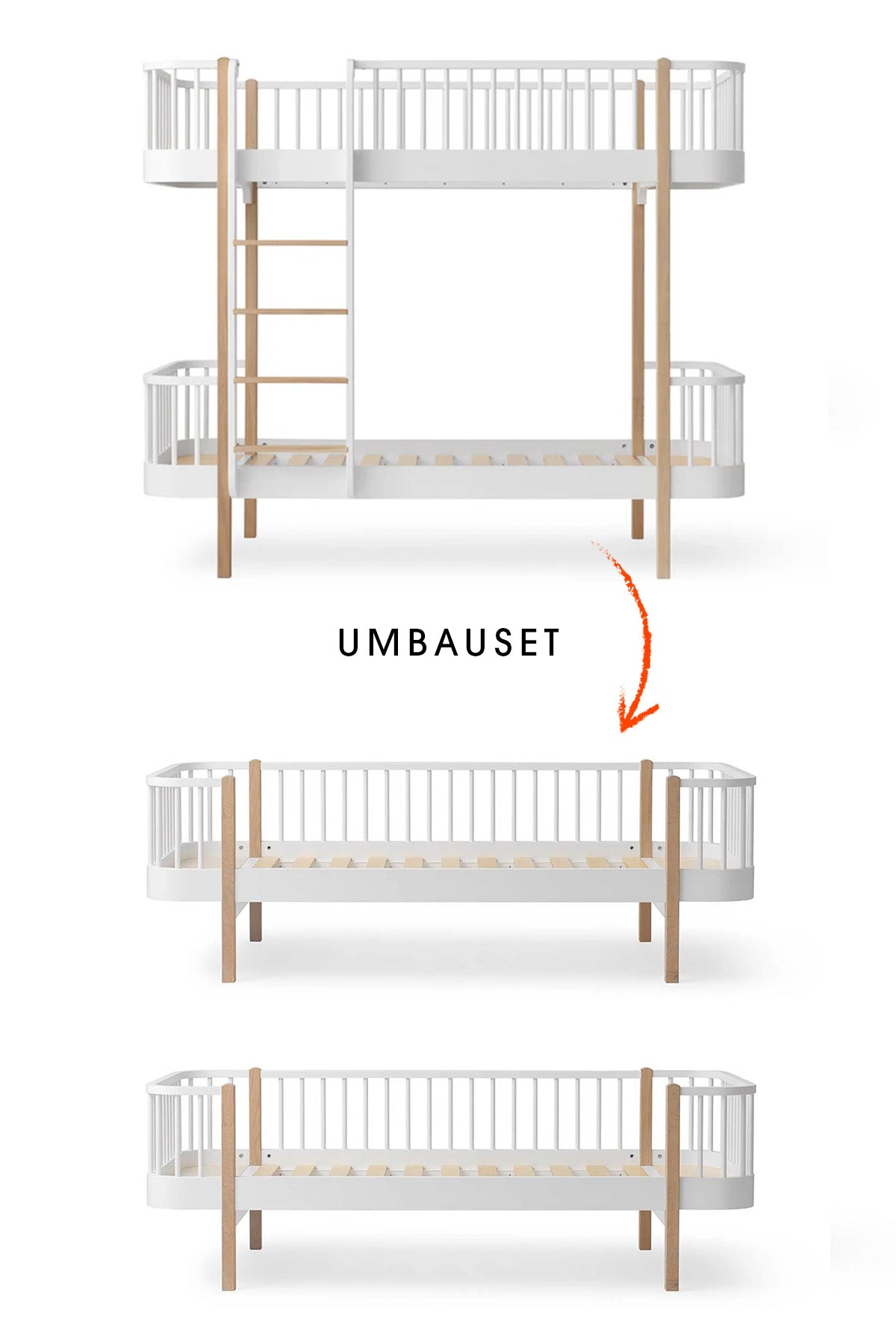 Wood Umbau-Set von Original Etagenbett zu 2 Bettsofas, weiß/eiche