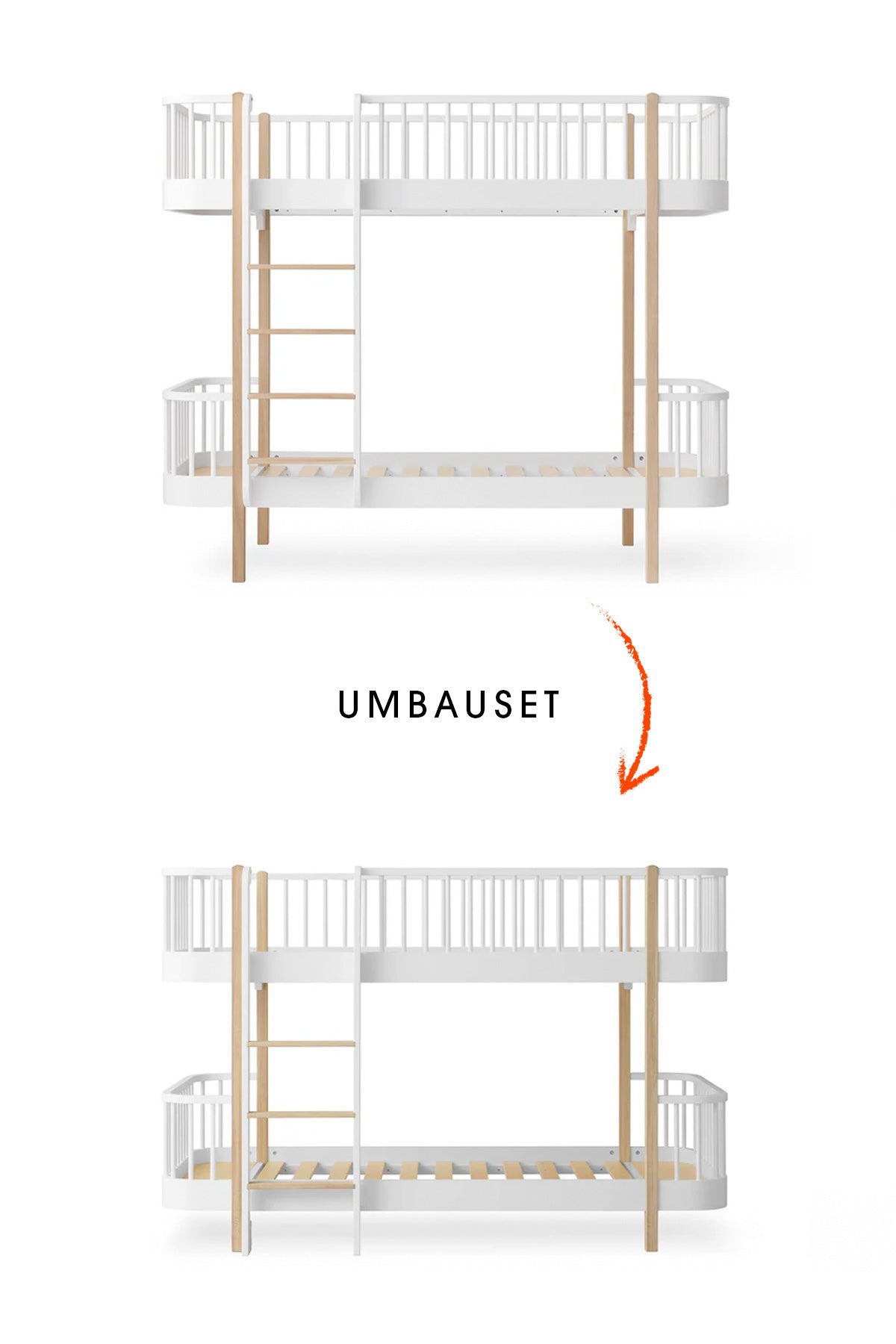 Umbau-Set von Original Etagenbett zum halbhohen Etagenbett, weiß/Eiche