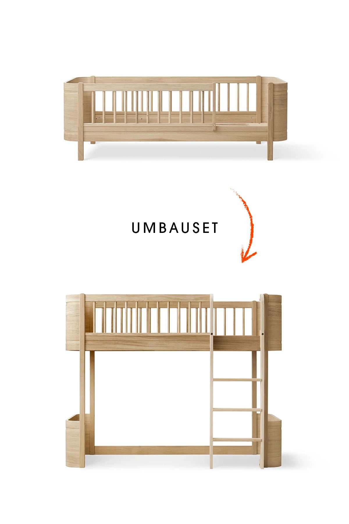 Wood Umbau-Set zum Umbau vom Mini+ Juniorbett zum halbhohen Hochbett in Eiche